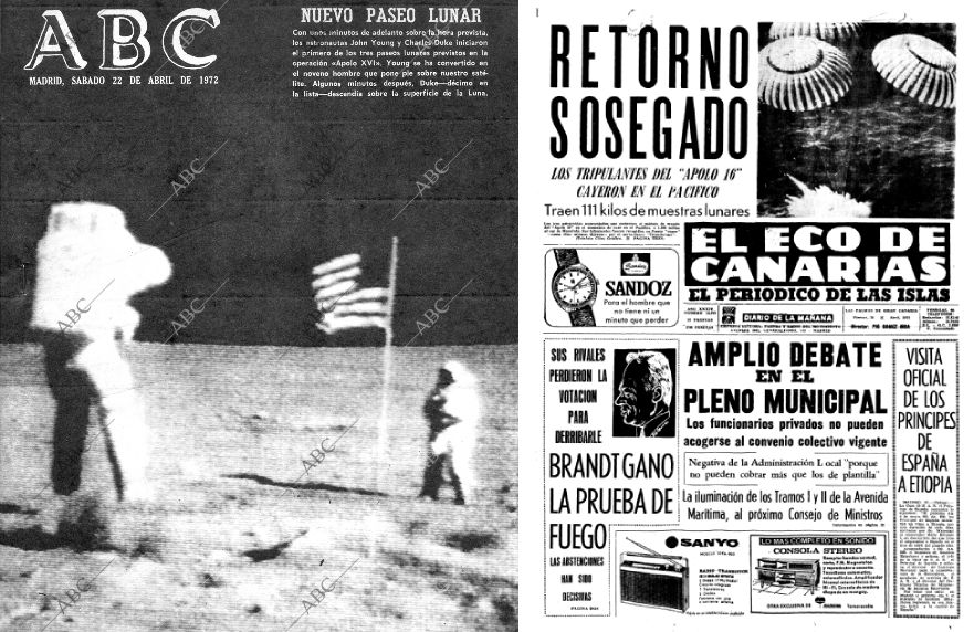 Portadas del ABC y El Eco de Canarias referidas al Apolo 16 (abril de 1972)