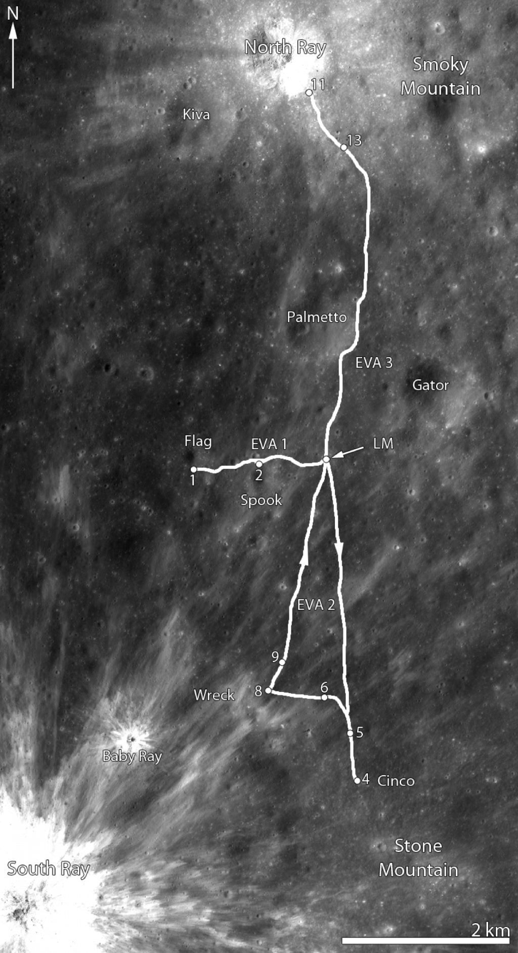 Las tres travesías realizadas por el Apolo 16 sobre la Luna (NASA/GSFC/ Arizona State University)